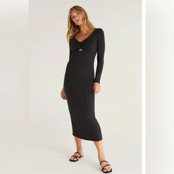 Z Supply Womens Size M Orla Ribbed Dress Peekaboo Detail & Ruching Sexy Bodycon - Picture 2 of 9